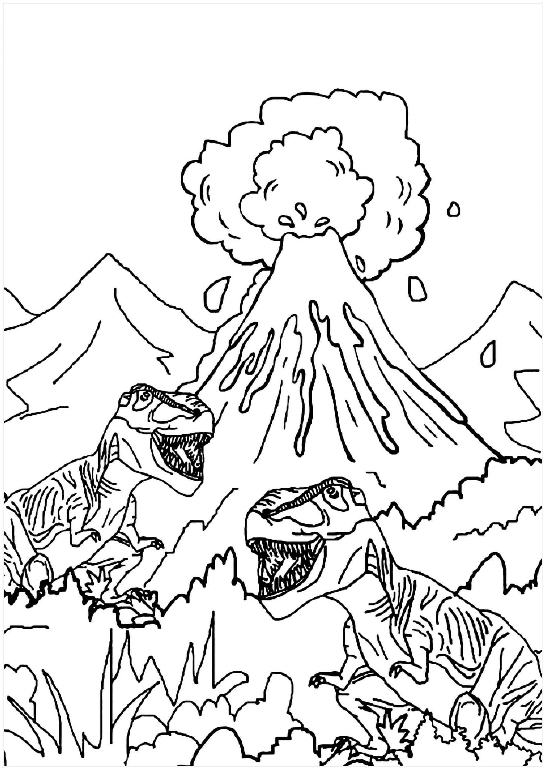 Dinozauri T Rex și vulcan
