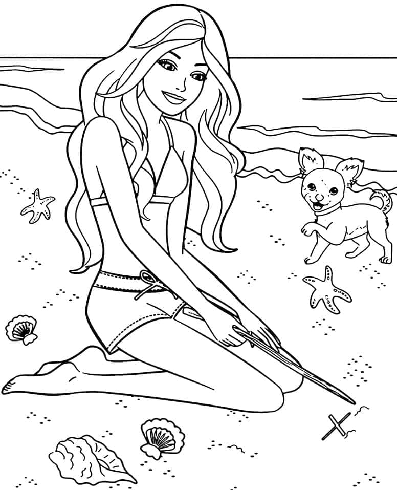 Barbie și cățeluș pe plajă