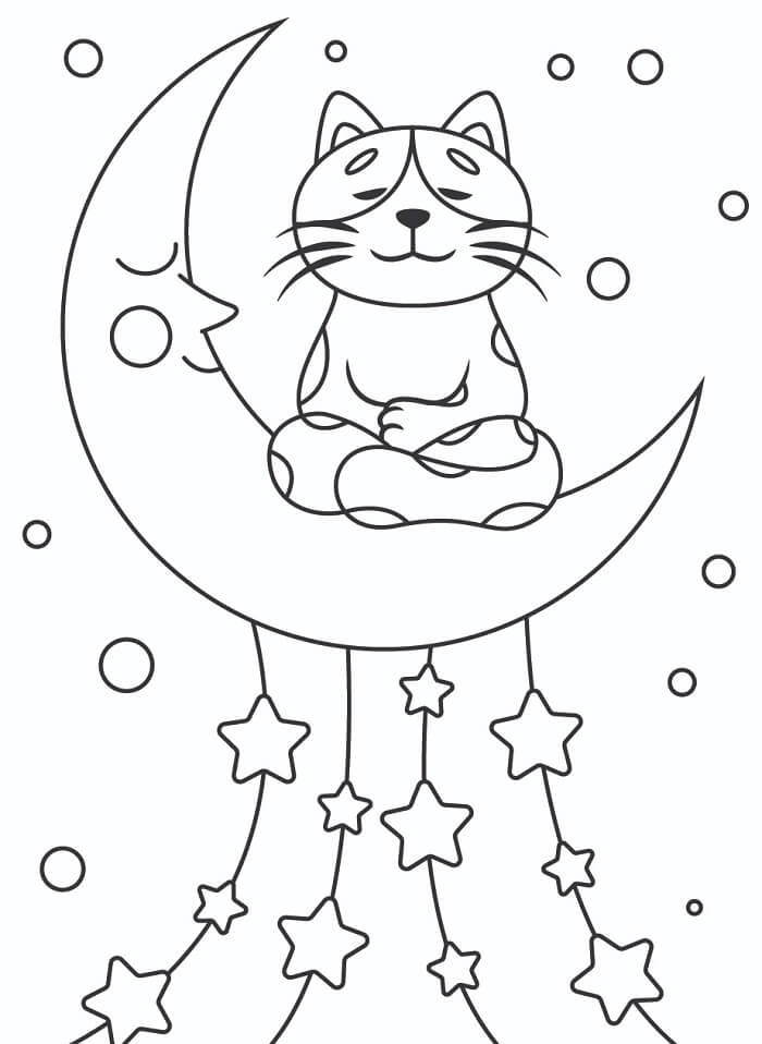 Fise de Colorat cu Pisica și Luna