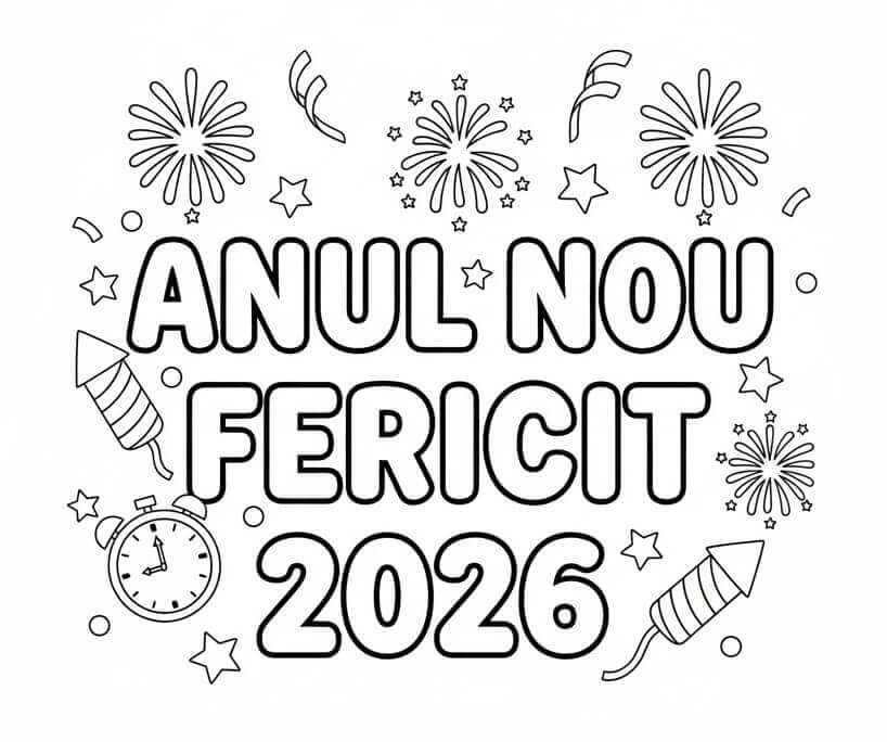 Fise de colorat cu An Nou Fericit 2026 cu Artificii