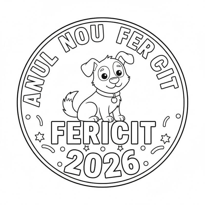 Fise de colorat cu An Nou Fericit 2026 cu Câine