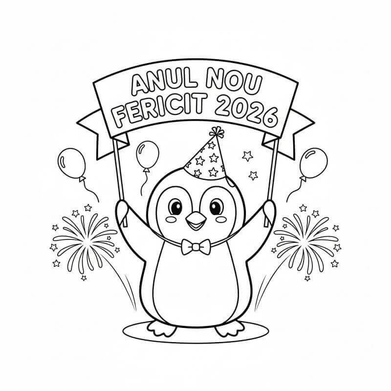 Planse de colorat cu Anul Nou Fericit 2026