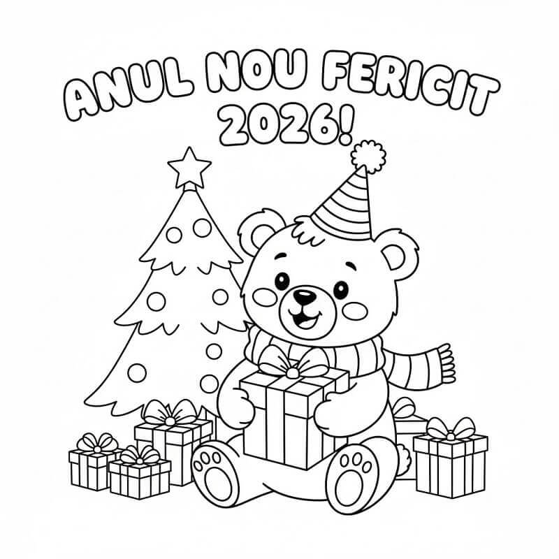 Fise de colorat cu An Nou Fericit 2026 cu Urs