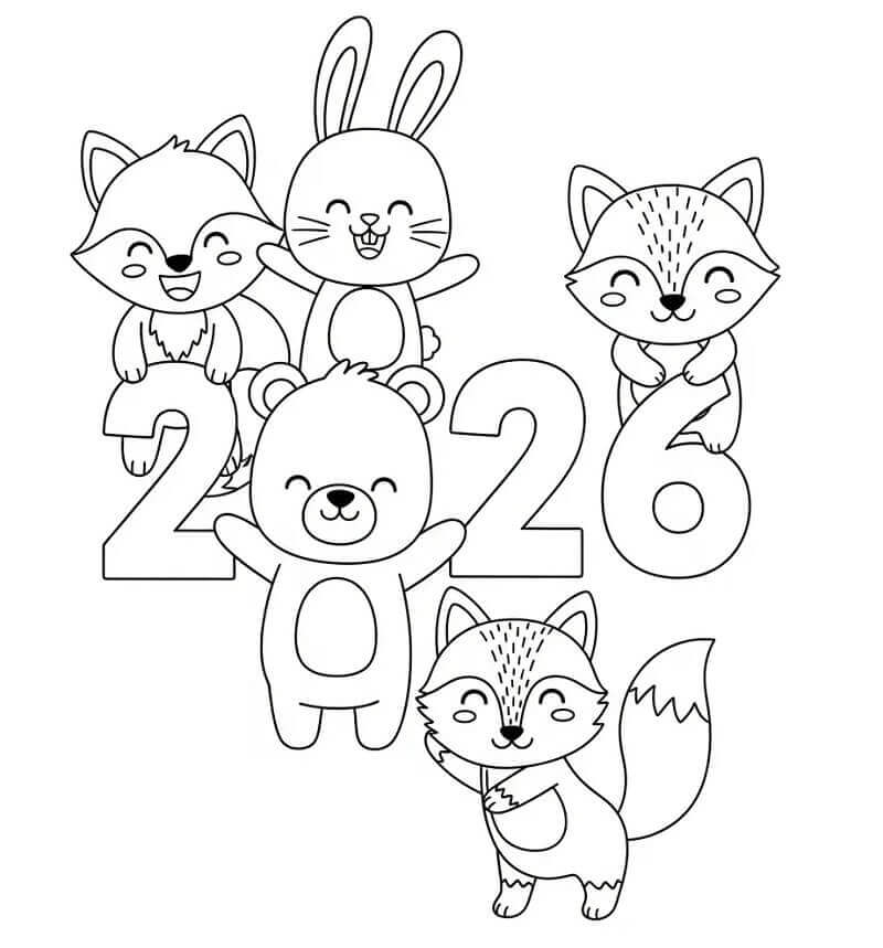 Fise de colorat cu Anul Nou 2026 cu Animale