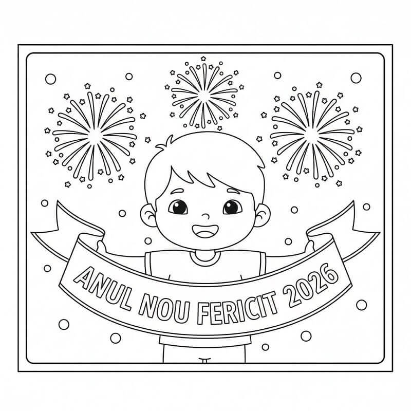 Fise de colorat cu Anul Nou 2026 cu Băiat