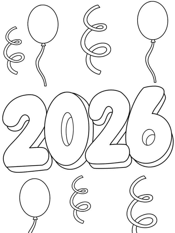 Fise de colorat cu Anul Nou 2026 cu Baloane