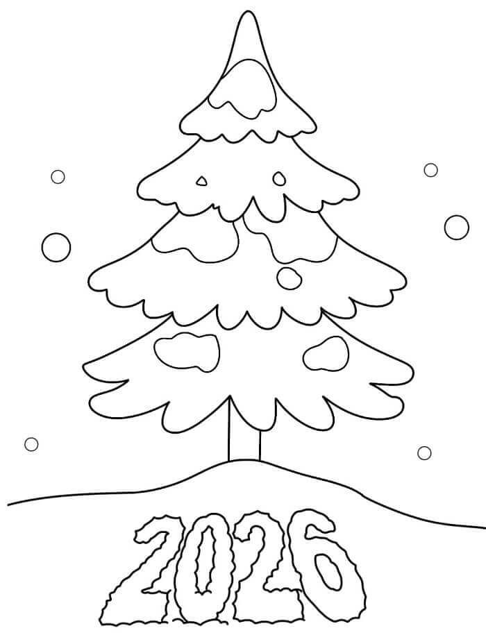 Fise de colorat cu Anul Nou 2026 cu Brad
