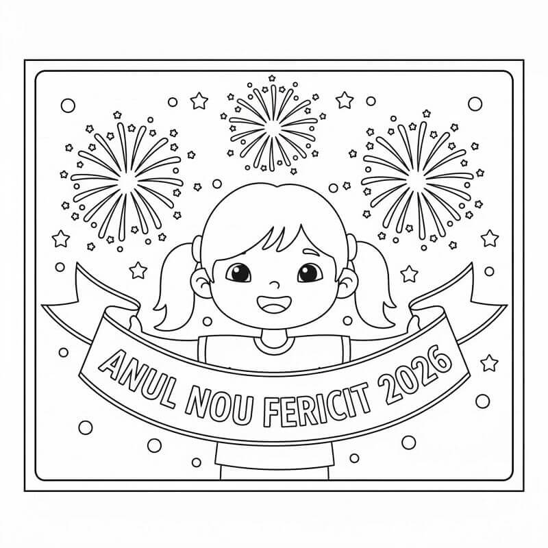 Fise de colorat cu Anul Nou 2026 cu Fetită