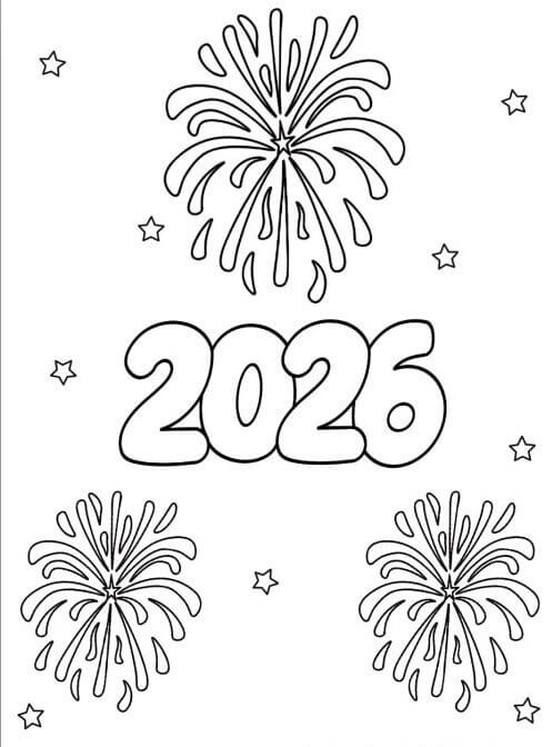 Fise de colorat cu Anul Nou 2026 cu Focuri de Artificii
