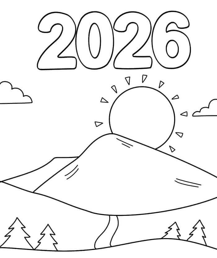 Fise de colorat cu Anul Nou 2026 cu Munte