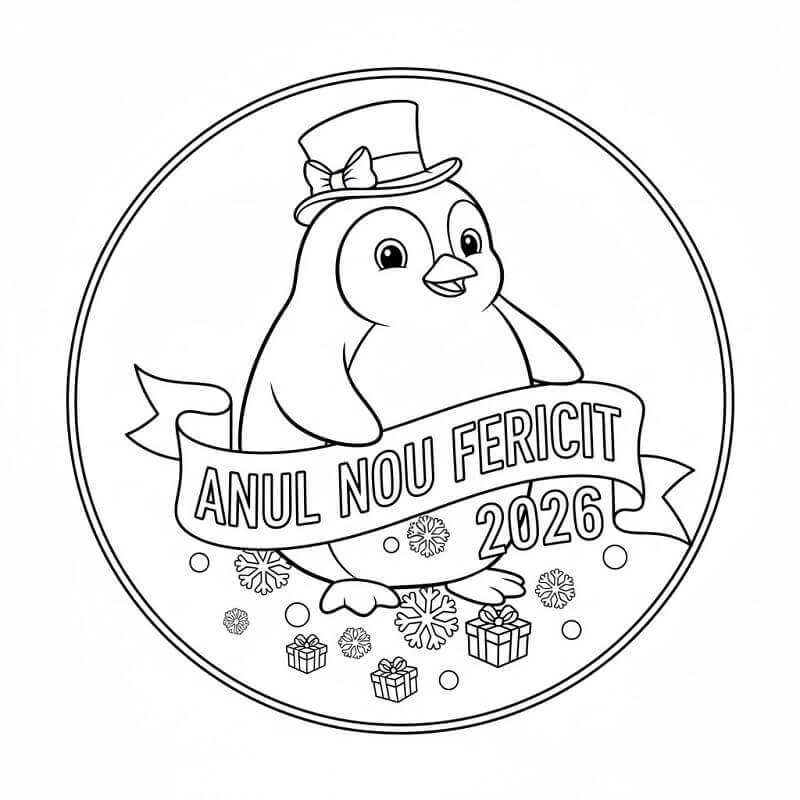 Fise de colorat cu Anul Nou 2026 cu Pinguin