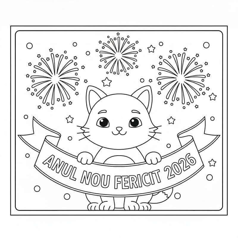 Fise de colorat cu Anul Nou 2026 cu Pisicuță