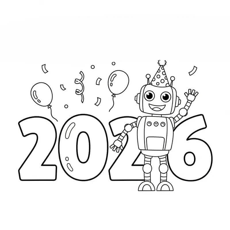 Fise de colorat cu Anul Nou 2026 cu Robot