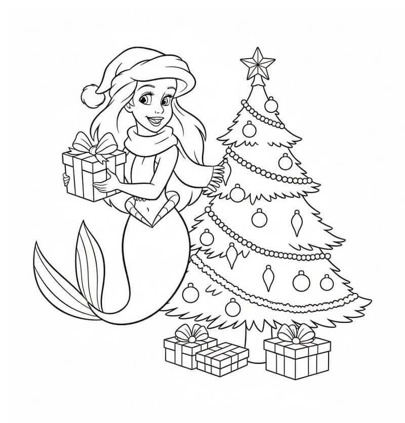 Fise de colorat cu Ariel Disney de Crăciun