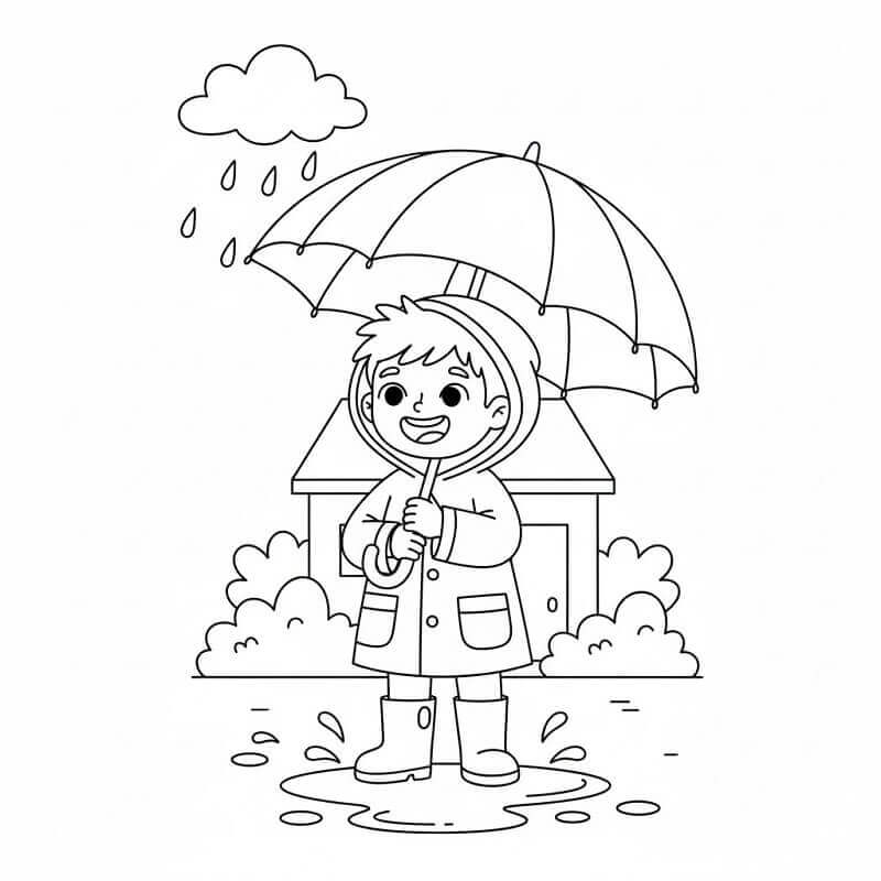 Fise de colorat cu Băiat cu Umbrelă