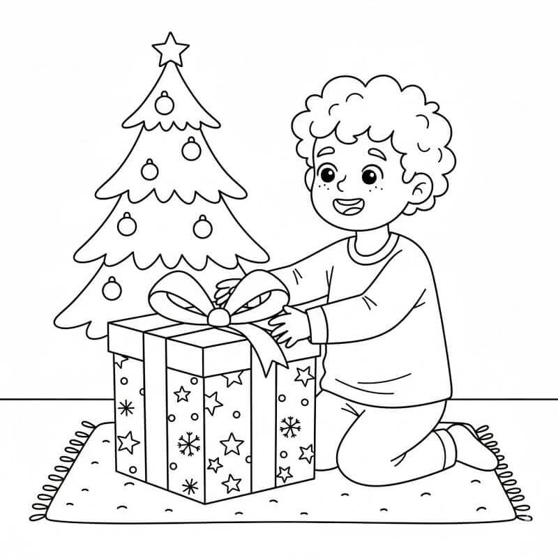 Fise de colorat cu Băiat și Cadou de Crăciun