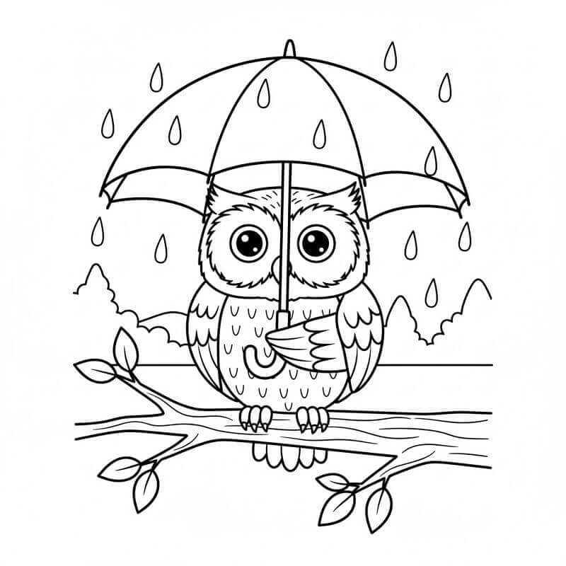Fise de colorat cu Bufniță cu Umbrelă