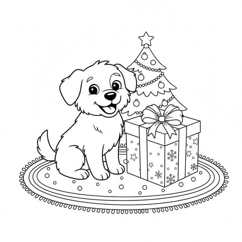 Fise de colorat cu Câine și Cadou de Crăciun