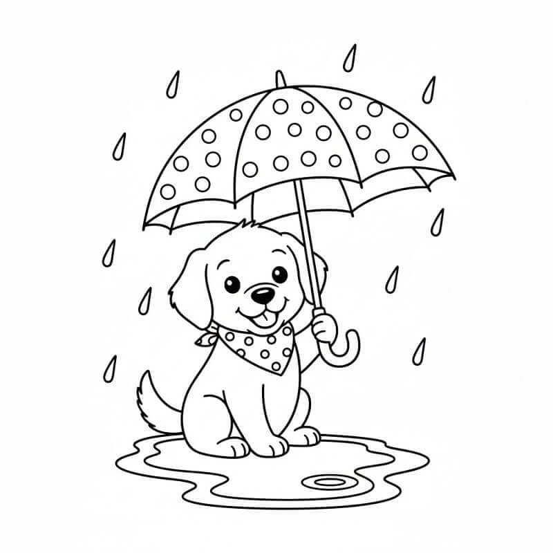 Fise de colorat cu Câine și Umbrelă
