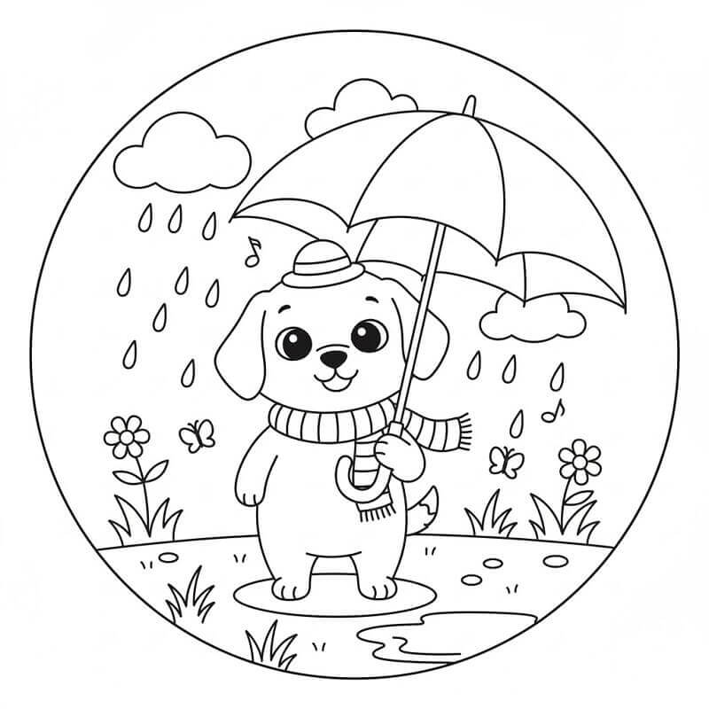 Fise de colorat cu Cățel cu Umbrelă