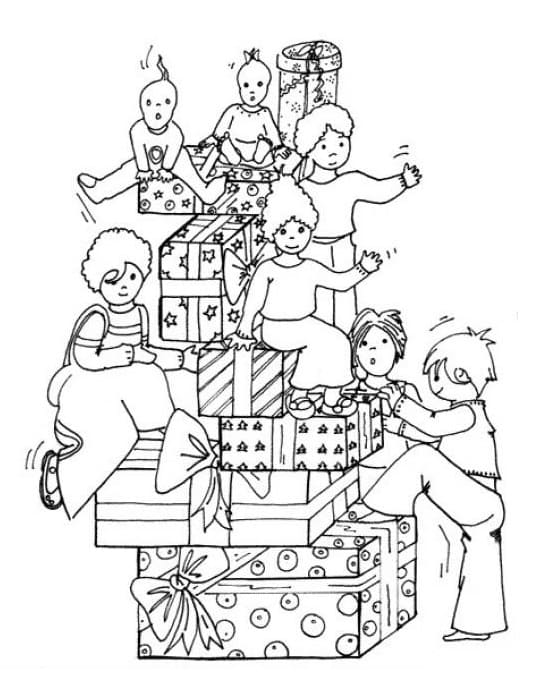 Fise de colorat cu Copii și Cadouri de Crăciun