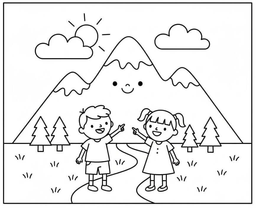 Fise de colorat cu Copii și Munți