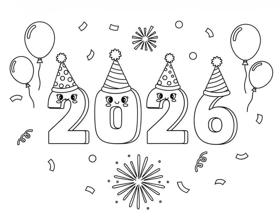 Fise de colorat cu Drăguț An Nou Fericit 2026