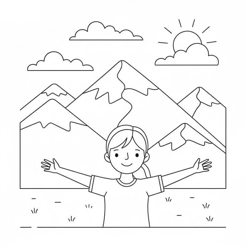 Fise de colorat cu Fată și Munți