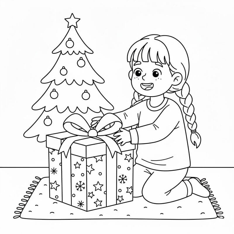 Fise de colorat cu Fetiță și Cadou de Crăciun