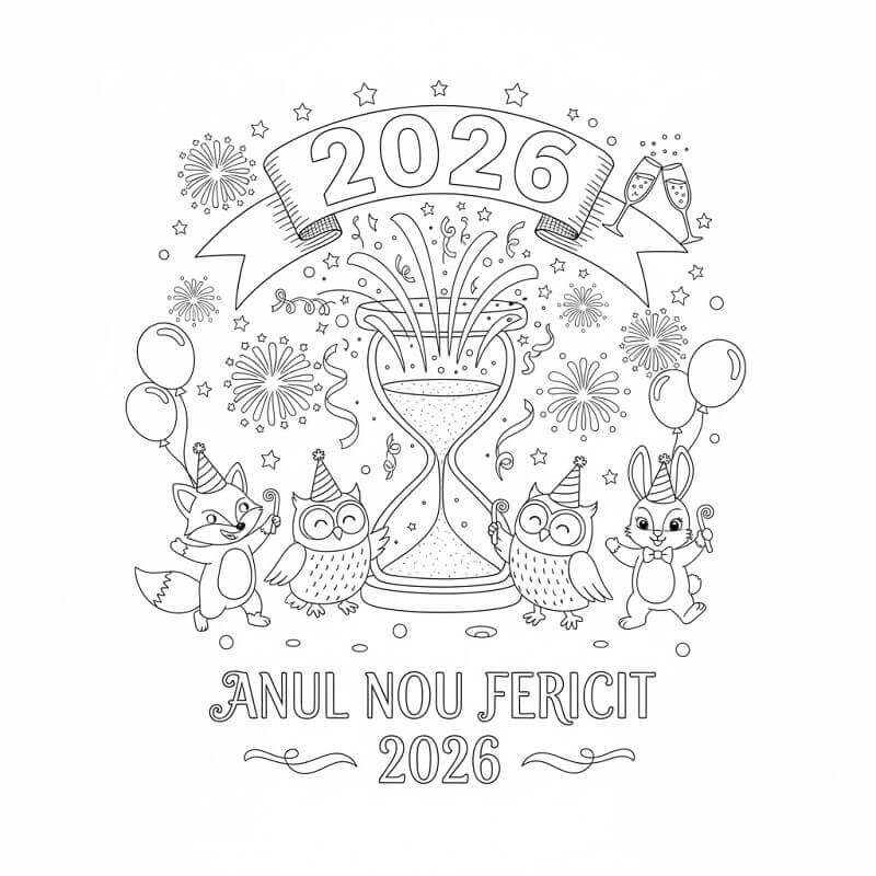 Fise de colorat cu Frumos An Nou Fericit 2026