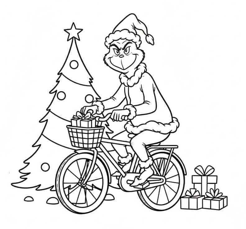 Fise de colorat cu Grinch pe Bicicletă