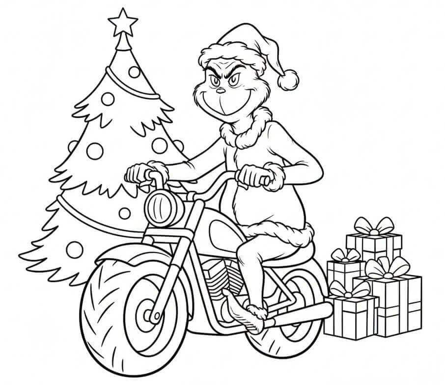 Fise de colorat cu Grinch pe Motocicletă