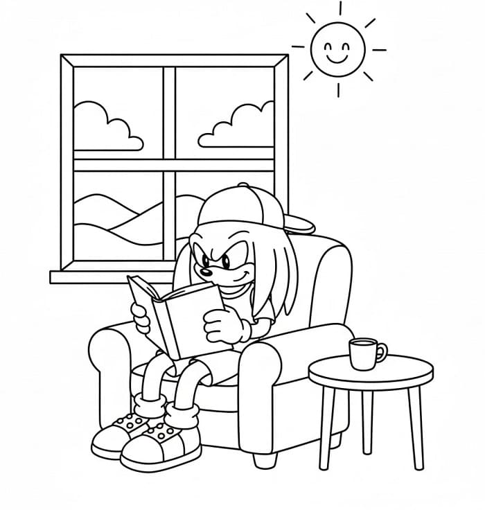 Fise de colorat cu Knuckles citind o carte