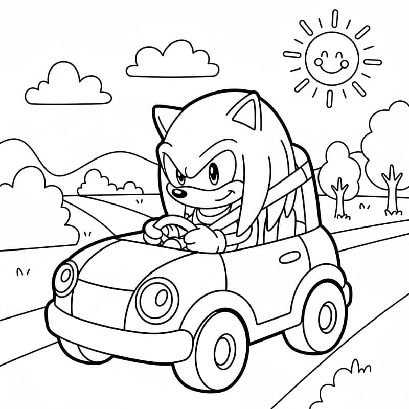 Fise de colorat cu Knuckles conducând mașina