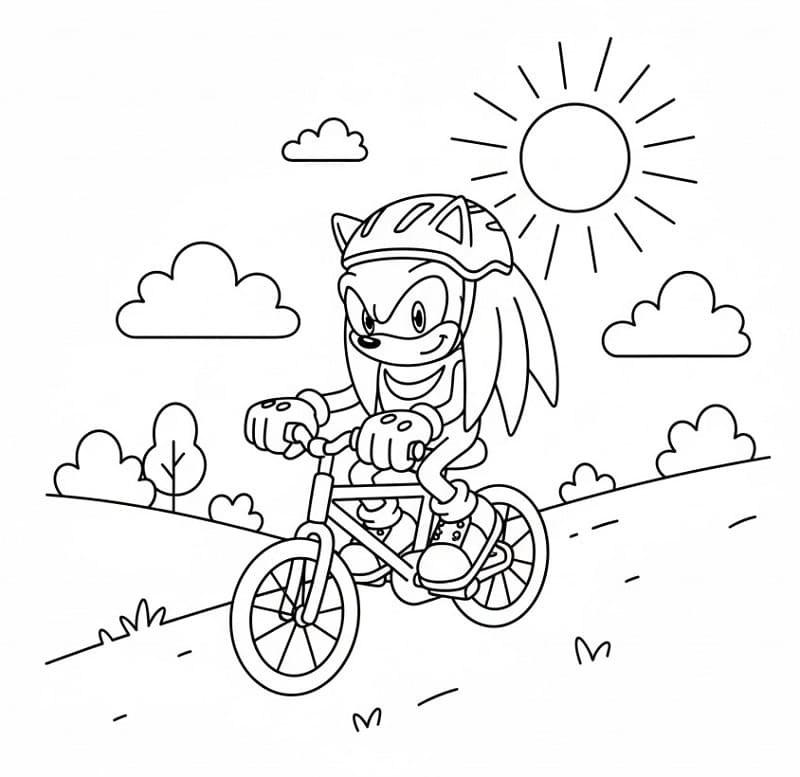 Fise de colorat cu Knuckles mergând cu bicicleta