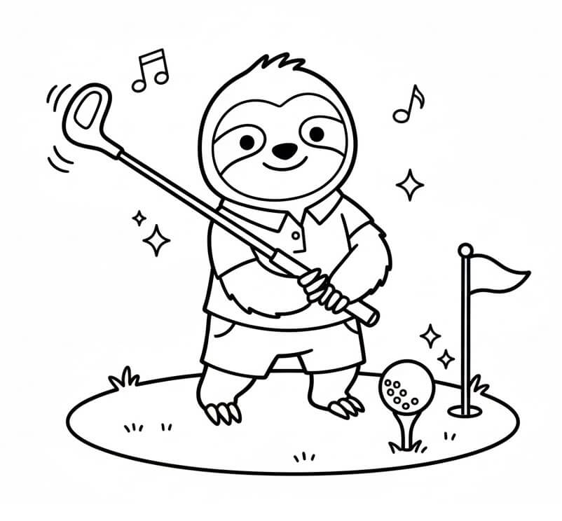 Fise de colorat cu Leneș care joacă golf