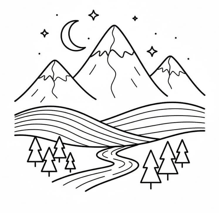 Fise de colorat cu Munți în Noapte