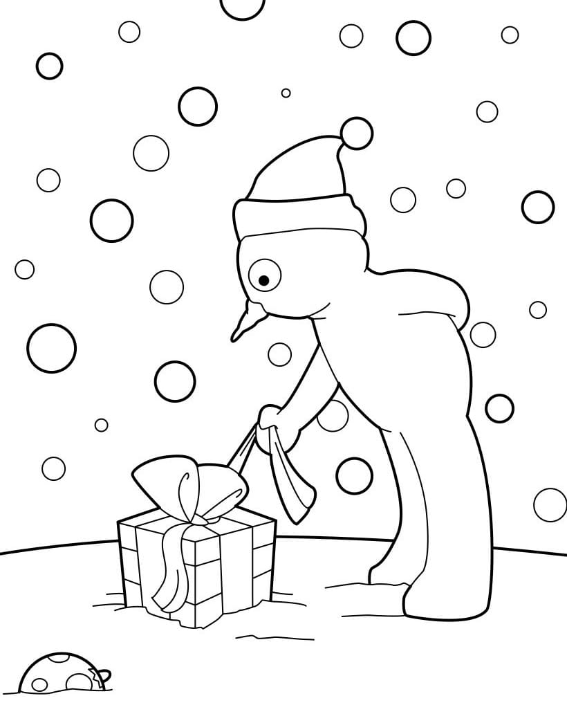 Fise de colorat cu Om de Zăpadă și Cadou de Crăciun
