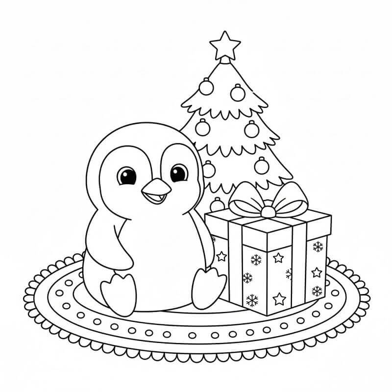 Fise de colorat cu Pinguin și Cadou de Crăciun