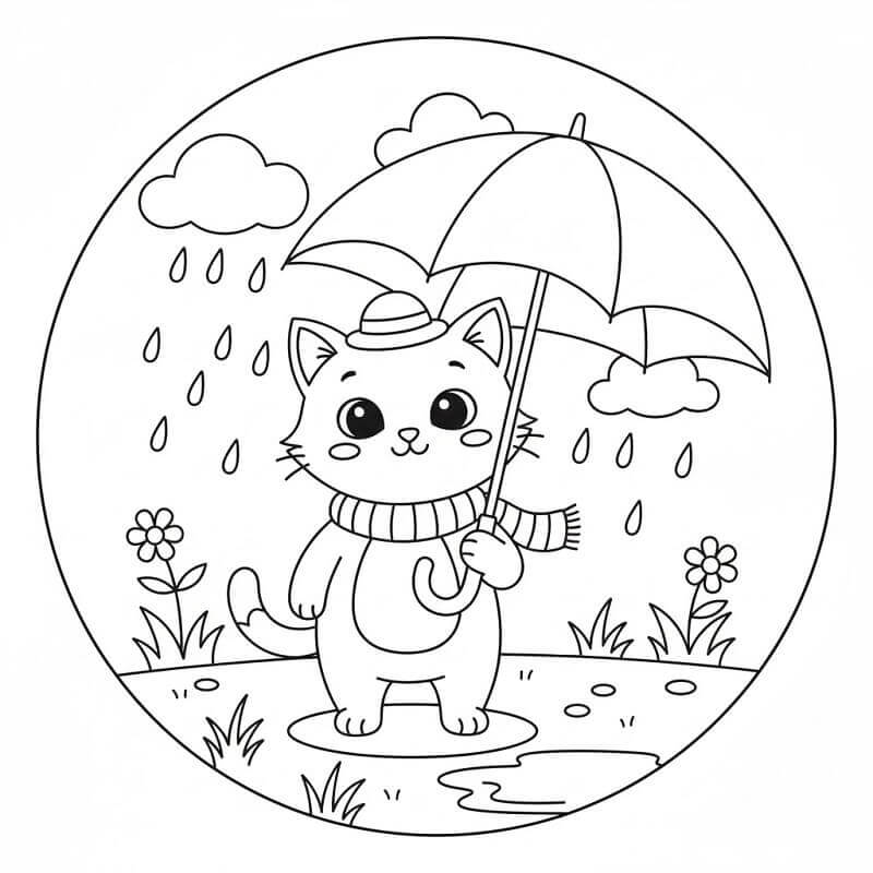 Fise de colorat cu Pisic cu Umbrelă