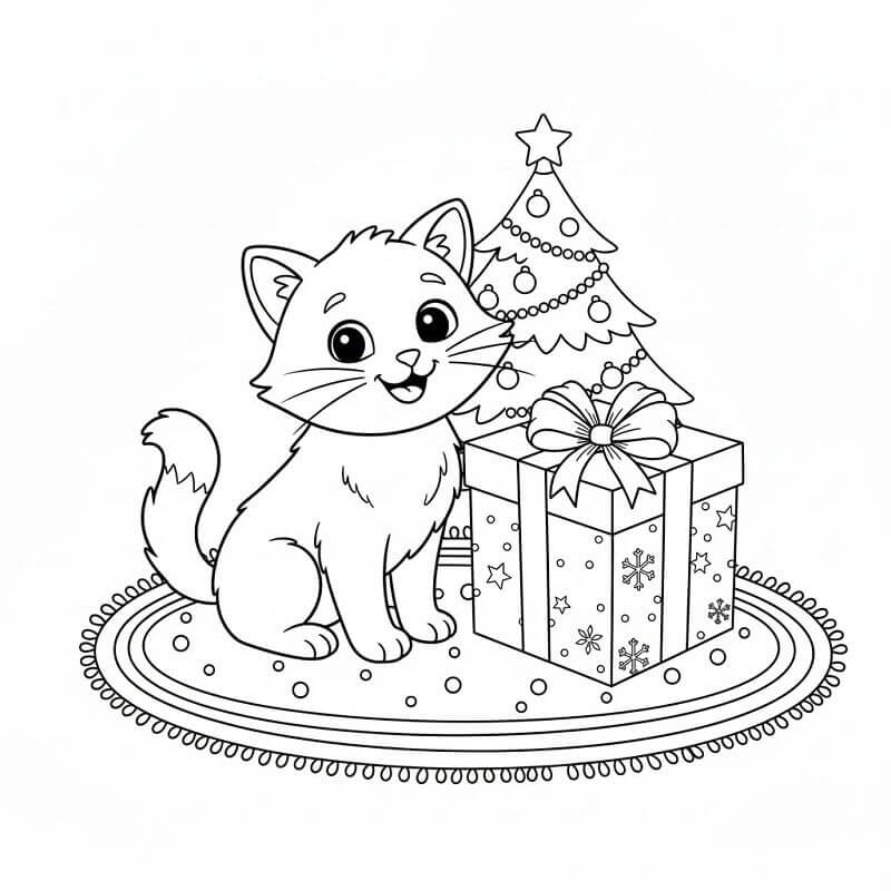 Fise de colorat cu Pisic și Cadou de Crăciun