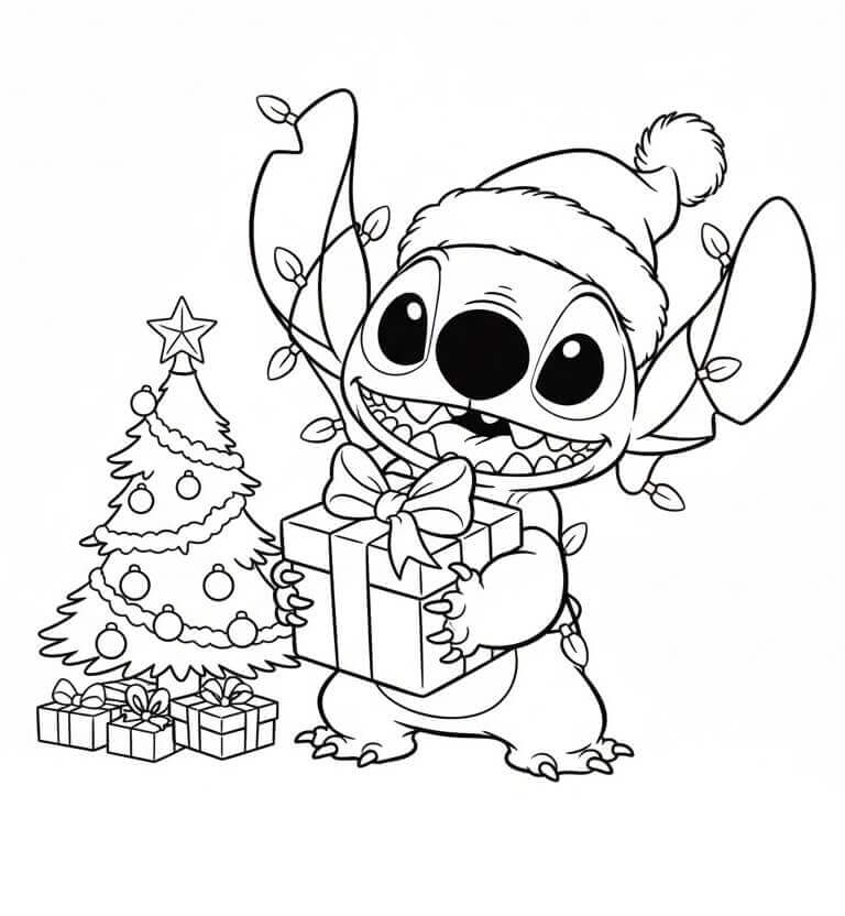 Fise de colorat cu Stitch de Crăciun