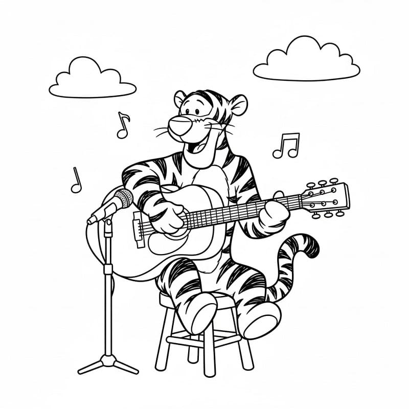 Fise de colorat cu Tigger cântând la chitară