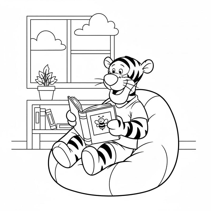 Fise de colorat cu Tigger citind o carte