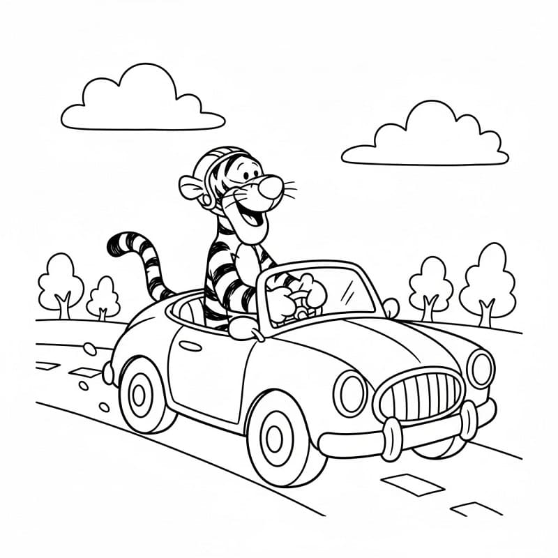 Fise de colorat cu Tigger conducând mașina