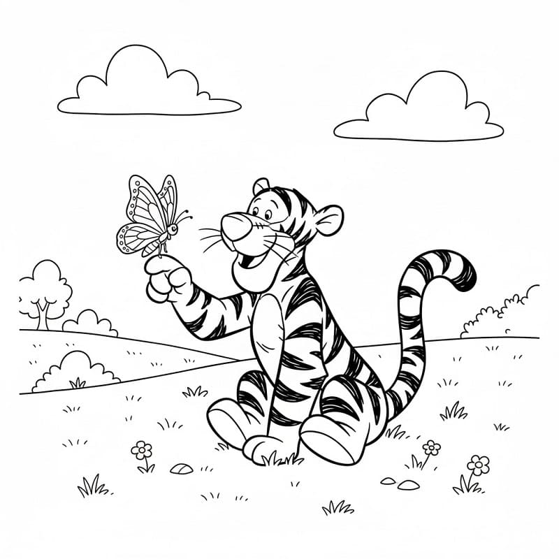 Fise de colorat cu Tigger cu baghetă și fluture