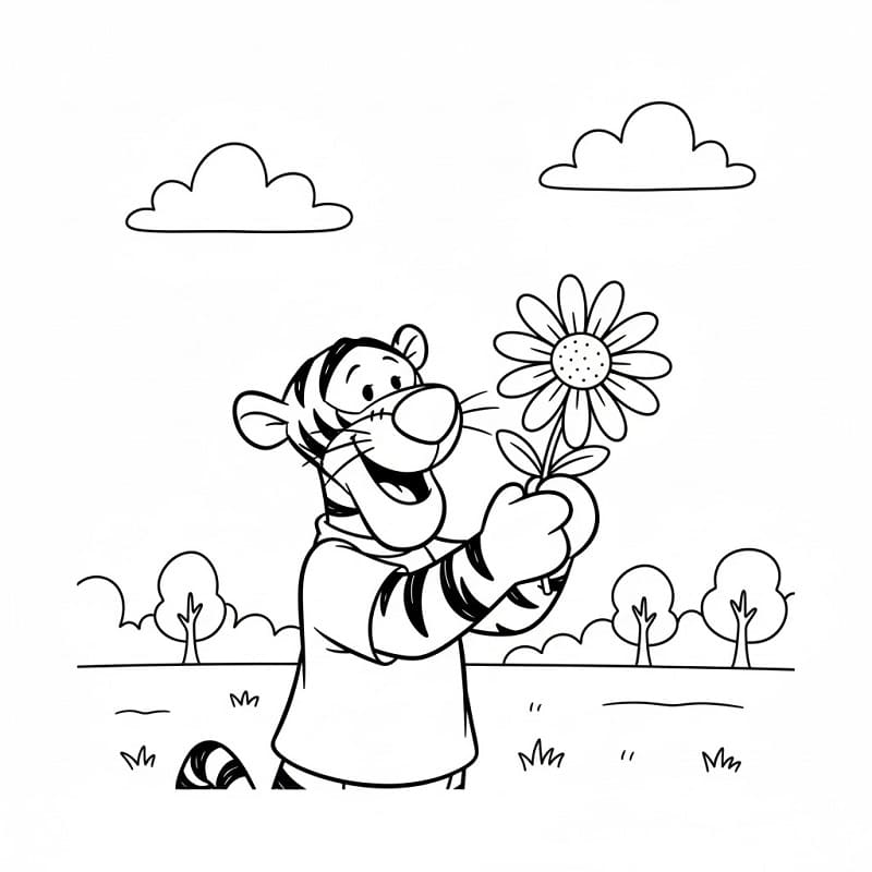 Fise de colorat cu Tigger cu floare