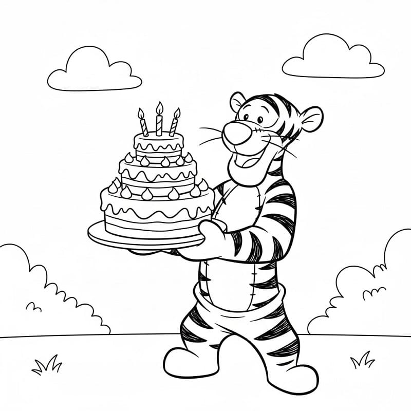 Fise de colorat cu Tigger cu prăjitură