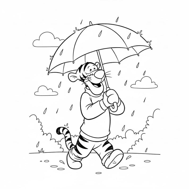 Fise de colorat cu Tigger cu umbrelă