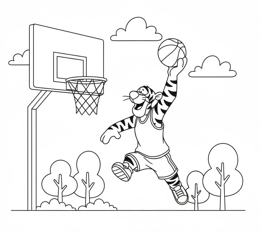 Fise de colorat cu Tigger jucând baschet